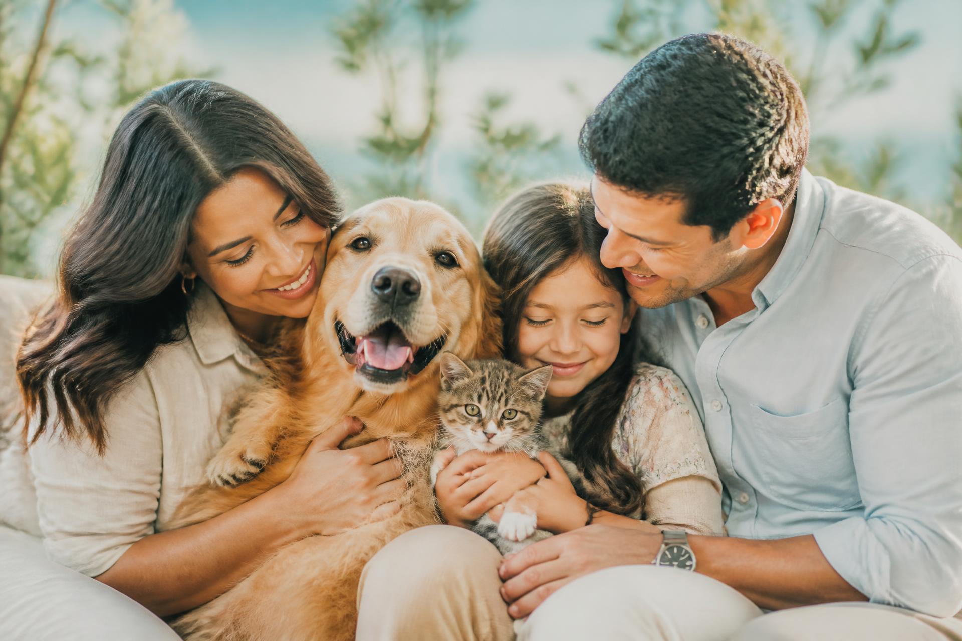 Familia abrazando a su perro y su gato en Neiva
